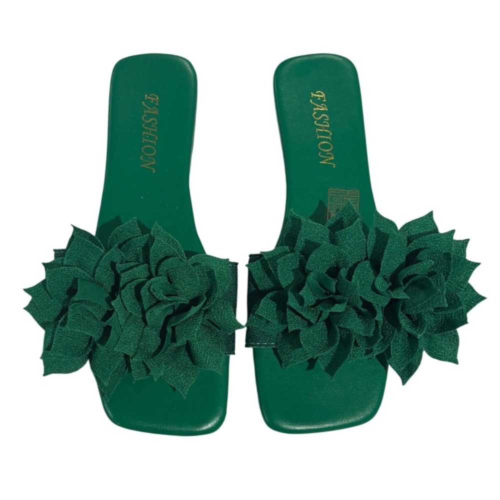 Fashion Emerald Green 3D Floral Square Toe Flat Slide Sandals Womens Size 36 - Picture 2 of 7